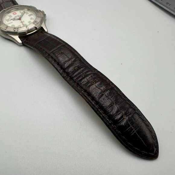 Swiss Military Watch Men Silver Tone Brown Leather Band Water Resistant Works - Picture 6 of 12